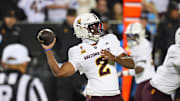 Nov 22, 2025; Boulder, Colorado, USA; Arizona State Sun Devils quarterback Jeff Sims (2) prepares to pass the ball in the first quarter against the Colorado Buffaloes at Folsom Field. Mandatory Credit: Ron Chenoy-Imagn Images
