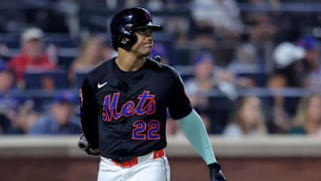 Aug 15, 2025; New York City, New York, USA; New York Mets right fielder Juan Soto (22) reacts after striking out during the ninth inning against the Seattle Mariners at Citi Field. Mandatory Credit: Brad Penner-Imagn Images