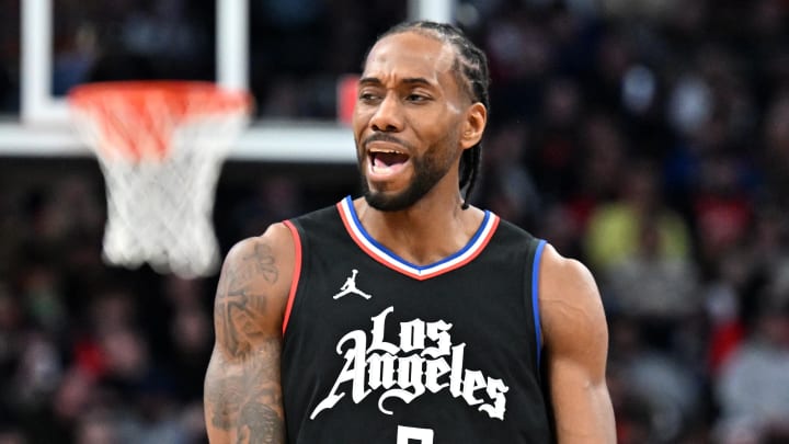 Jan 26, 2024; Toronto, Ontario, CAN;  Los Angeles Clippers forward Kawhi Leonard (2) reacts to an official's call in the second half against the Toronto Raptors at Scotiabank Arena. 