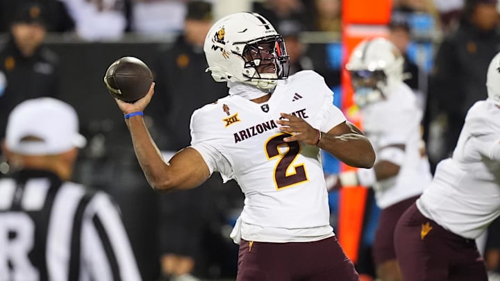 Nov 22, 2025; Boulder, Colorado, USA; Arizona State Sun Devils quarterback Jeff Sims (2) prepares to pass the ball in the first quarter against the Colorado Buffaloes at Folsom Field. Mandatory Credit: Ron Chenoy-Imagn Images