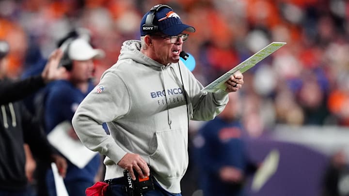 Sep 29, 2025; Denver, Colorado, USA; Denver Broncos head coach Sean Payton calls a play from the sideline during the second quarter against the Cincinnati Bengals at Empower Field at Mile High. Mandatory Credit: Ron Chenoy-Imagn Images