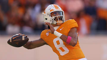 Oct 19, 2024; Knoxville, Tennessee, USA; Tennessee Volunteers quarterback Nico Iamaleava (8) passes the ball against the Alabama Crimson Tide during the first quarter at Neyland Stadium. Mandatory Credit: Randy Sartin-Imagn Images