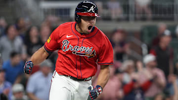 Apr 18, 2025; Cumberland, Georgia, USA; Atlanta Braves catcher Drake Baldwin (30) runs to first after getting a hit against the Minnesota Twins during the eighth inning at Truist Park. Mandatory Credit: Jordan Godfree-Imagn Images