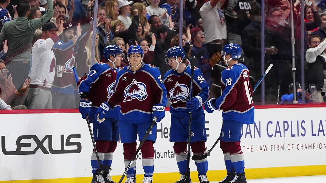 Mar 30, 2026; Denver, Colorado, USA; Colorado Avalanche center Parker Kelly (17) celebrates his goal with defenseman Sam Malinski (70), left wing Joel Kiviranta (94), center Jack Drury (18) in the third period against the Calgary Flames at Ball Arena. Mandatory Credit: Ron Chenoy-Imagn Images Mar 30, 2026; Denver, Colorado, USA; Colorado Avalanche center Parker Kelly (17) celebrates his goal with defenseman Sam Malinski (70), left wing Joel Kiviranta (94), center Jack Drury (18) in the third period against the Calgary Flames at Ball Arena. Mandatory Credit: Ron Chenoy-Imagn Images