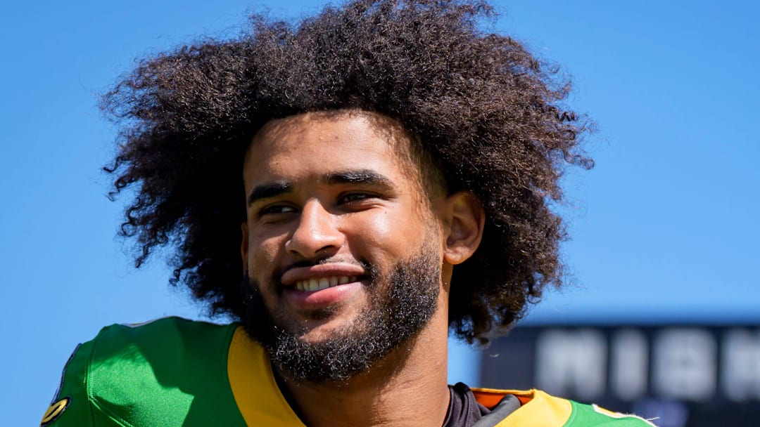 Oregon quarterback Dante Moore walks off the field following the Oregon Ducks annual spring game on April 25, 2026 at Autzen Stadium in Eugene, Oregon.