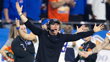 Dec 31, 2024; Glendale, AZ, USA; Boise State Broncos head coach Spencer Danielson reacts against the Penn State Nittany Lions during the Fiesta Bowl at State Farm Stadium. Mandatory Credit: Mark J. Rebilas-Imagn Images