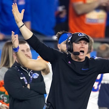 Dec 31, 2024; Glendale, AZ, USA; Boise State Broncos head coach Spencer Danielson reacts against the Penn State Nittany Lions during the Fiesta Bowl at State Farm Stadium. Mandatory Credit: Mark J. Rebilas-Imagn Images