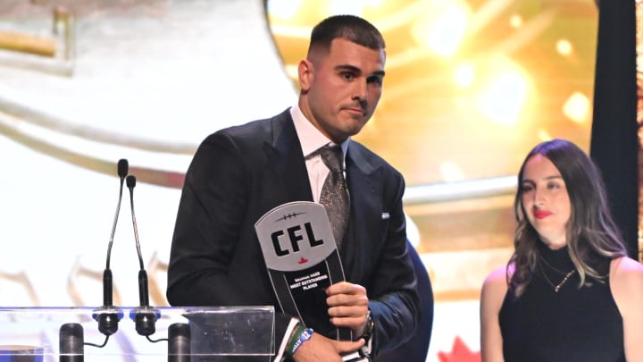 Nov 16, 2023; Niagra Falls, Ontario, CAN;  Toronto Argonauts quarterback Chad Kelly accepts the George Reed Award as the CFL most outstanding player at Fallsview Casino & Resort. Mandatory Credit: Dan Hamilton-USA TODAY Sports