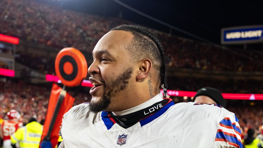 Bills offensive lineman Dion Dawkins is credited with championing the cause for the Protector of the Year Award.  | Mark J. Rebilas-Imagn Images