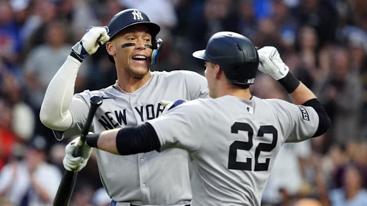 Aaron Judge, left, has the Yankees second in the current World Series odds. 