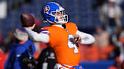 Jan 5, 2025; Denver, Colorado, USA; Denver Broncos quarterback Zach Wilson (4) before the game against the Kansas City Chiefs at Empower Field at Mile High. Mandatory Credit: Ron Chenoy-Imagn Images