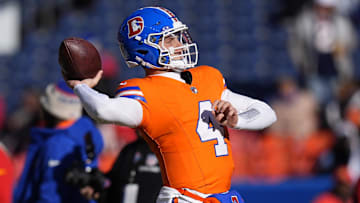 Jan 5, 2025; Denver, Colorado, USA; Denver Broncos quarterback Zach Wilson (4) before the game against the Kansas City Chiefs at Empower Field at Mile High. Mandatory Credit: Ron Chenoy-Imagn Images