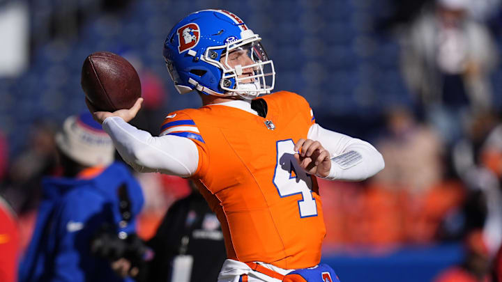 Jan 5, 2025; Denver, Colorado, USA; Denver Broncos quarterback Zach Wilson (4) before the game against the Kansas City Chiefs at Empower Field at Mile High. Mandatory Credit: Ron Chenoy-Imagn Images