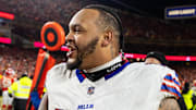 Jan 26, 2025; Kansas City, MO, USA; Buffalo Bills offensive tackle Dion Dawkins (73) 
