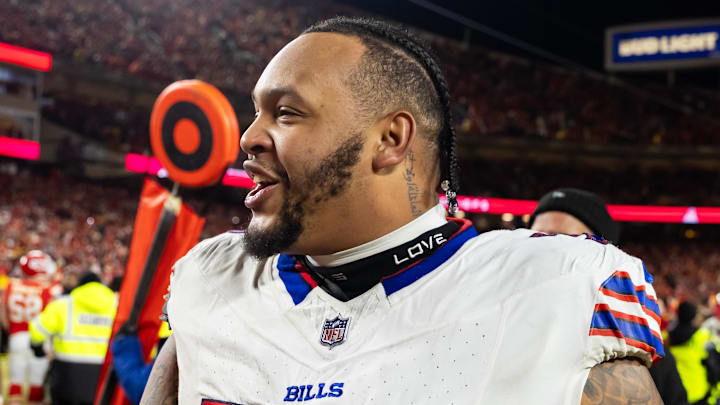 Jan 26, 2025; Kansas City, MO, USA; Buffalo Bills offensive tackle Dion Dawkins (73) Jan 26, 2025; Kansas City, MO, USA; Buffalo Bills offensive tackle Dion Dawkins (73)