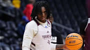 Mar 19, 2025; Denver, CO, USA; Texas A&M Aggies guard Andre Mills (7) during practice at Ball Arena. Mandatory Credit: Ron Chenoy-Imagn Images