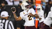 Nov 22, 2025; Boulder, Colorado, USA; Arizona State Sun Devils quarterback Jeff Sims (2) prepares to pass the ball in the first quarter against the Colorado Buffaloes at Folsom Field. Mandatory Credit: Ron Chenoy-Imagn Images