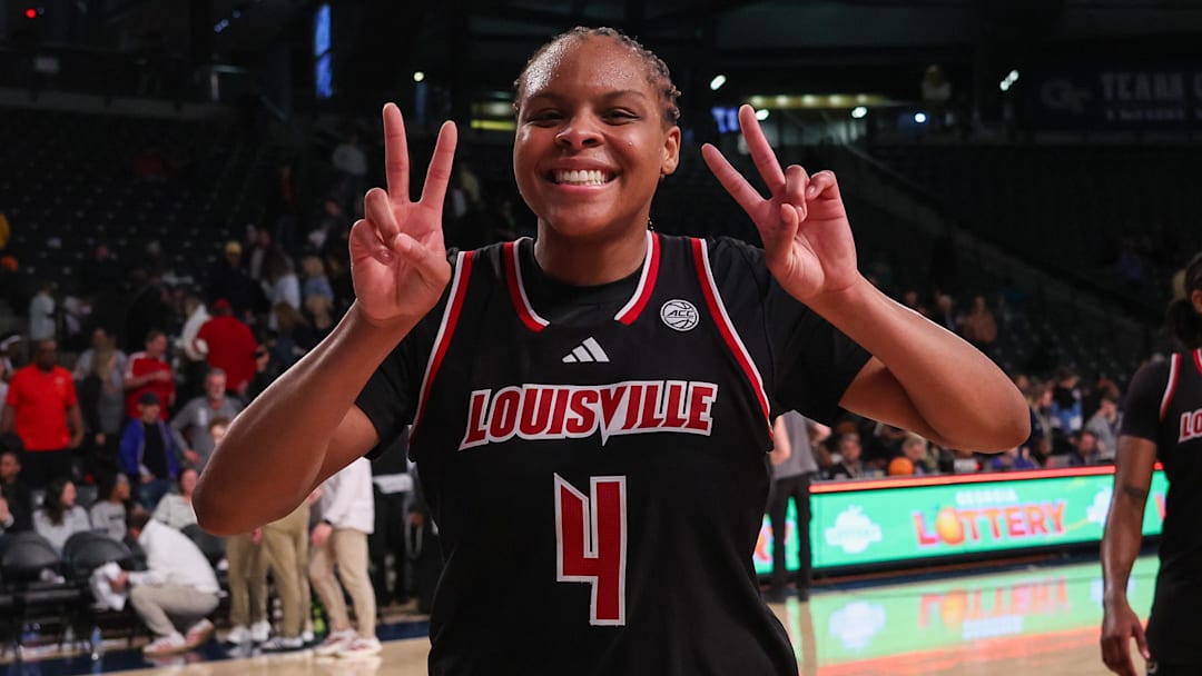Feb 26, 2026; Atlanta, Georgia, USA; Louisville Cardinals forward MacKenly Randolph (4) celebrates after a victory over the Georgia Tech Yellow Jackets at McCamish Pavilion. Mandatory Credit: Brett Davis-Imagn Images