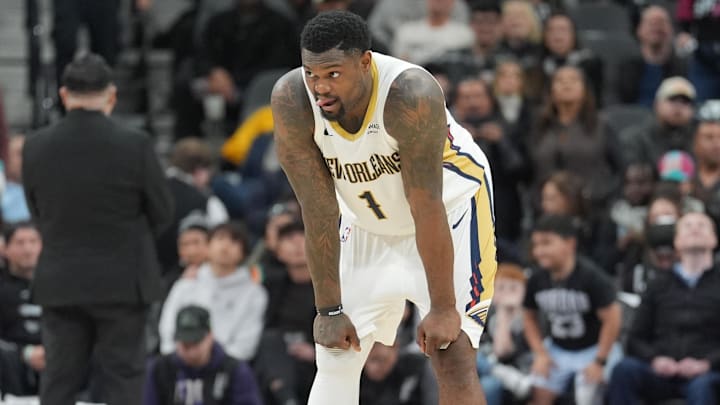 Jan 25, 2026; San Antonio, Texas, USA;  New Orleans Pelicans forward Zion Williamson (1) looks up the court in the second half against the San Antonio Spurs at Frost Bank Center. Mandatory Credit: Daniel Dunn-Imagn Images