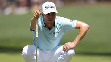 Justin Thomas looks over his line on the seventh green during the final round of the 2025 RBC Heritage.