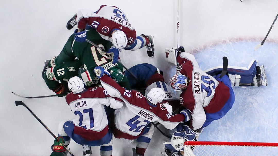 May 11, 2026; Saint Paul, Minnesota, USA; Colorado Avalanche goaltender MacKenzie Blackwood (39) defends his net against the Minnesota Wild during the third period in game four of the second round of the 2026 Stanley Cup Playoffs at Grand Casino Arena. Mandatory Credit: Matt Krohn-Imagn Images