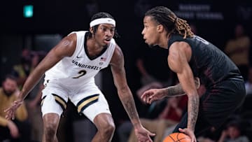 Vanderbilt Commodores guard MJ Collins Jr. (2) guards Maryland-Eastern Shore Hawks guard Ketron Shaw (0) during their game at Memorial Gym in Nashville, Tenn., Monday, Nov. 4, 2024.