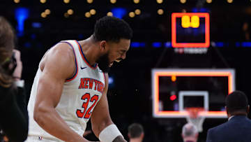 May 7, 2025; Boston, Massachusetts, USA; New York Knicks center Karl-Anthony Towns (32) reacts after defeating the Boston Celtics in game two of the second round for the 2025 NBA Playoffs at TD Garden. Mandatory Credit: David Butler II-Imagn Images