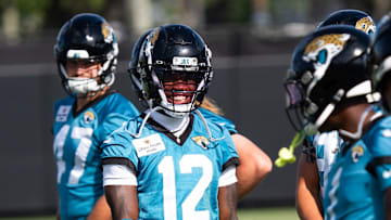 Jacksonville Jaguars wide receiver Travis Hunter (12) was all smiles during the Jacksonville Jaguars’ third mandatory minicamp Thursday June 12, 2025 at the Miller Electric Center in Jacksonville, Fla. [Doug Engle/Florida Times-Union]