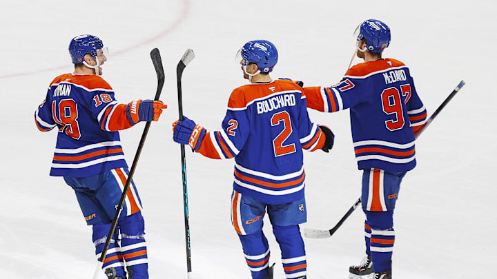 Mar 3, 2026; Edmonton, Alberta, CAN; The Edmonton Oilers celebrate a goal scored by defensemen Evan Bouchard (2) during overtime against the Ottawa Senators at Rogers Place. Mandatory Credit: Perry Nelson-Imagn Images