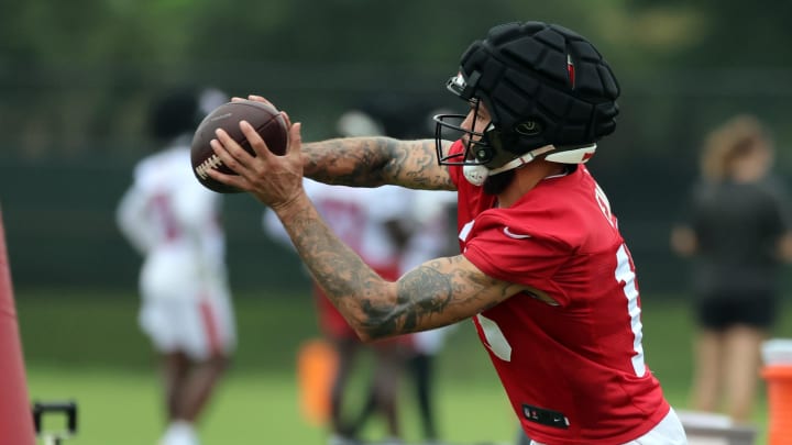 Jul 25, 2024; Tampa, FL, USA;  Tampa Bay Buccaneers wide receiver Mike Evans (13) works out during training camp at AdventHealth Training Center. Mandatory Credit: Kim Klement Neitzel-USA TODAY Sports