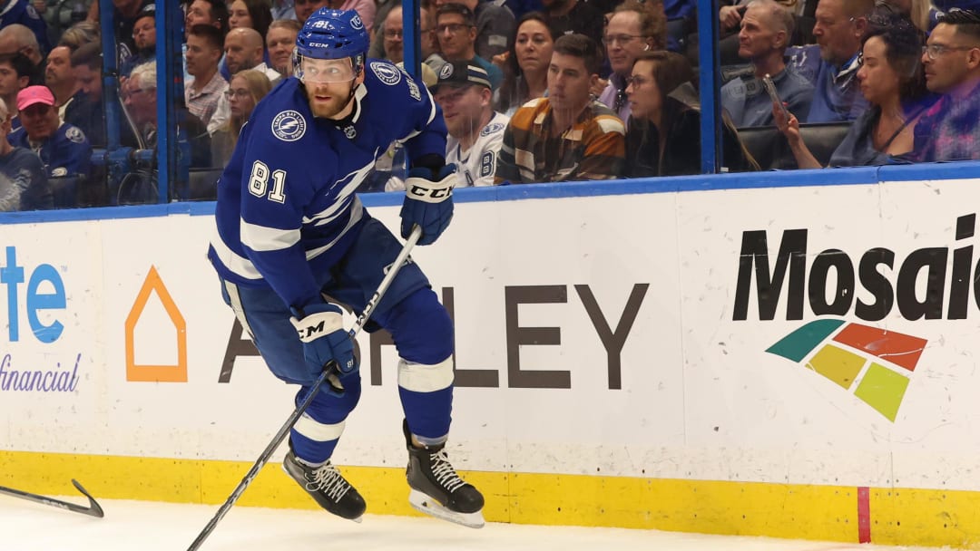 Apr 11, 2024; Tampa, Florida, USA; Tampa Bay Lightning defenseman Erik Cernak (81) skates with the puck against the Ottawa Senators during the second period at Amalie Arena. Mandatory Credit: Kim Klement Neitzel-USA TODAY Sports