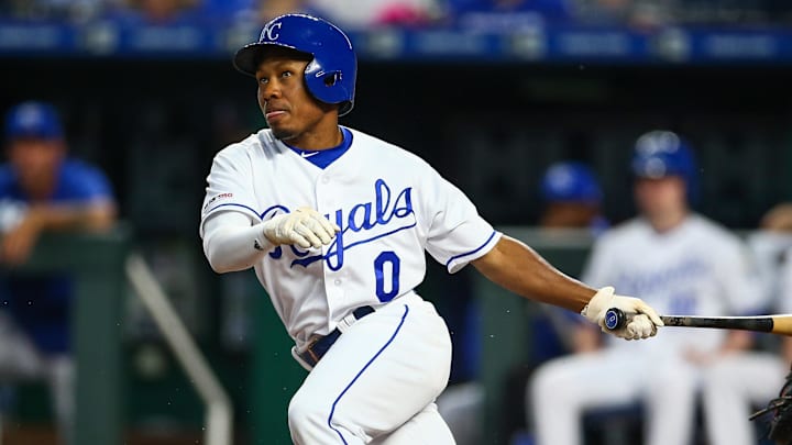 Apr 10, 2019; Kansas City, MO, USA; Kansas City Royals left fielder Terrance Gore (0) bats against the Seattle Mariners at Kauffman Stadium. Mandatory Credit: Jay Biggerstaff-Imagn Images