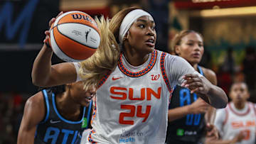 Connecticut Sun forward Aneesah Morrow (24) dribbles the ball towards the basket in the game against the Atlanta Dream during the fourth quarter at Gateway Center Arena at College Park. 