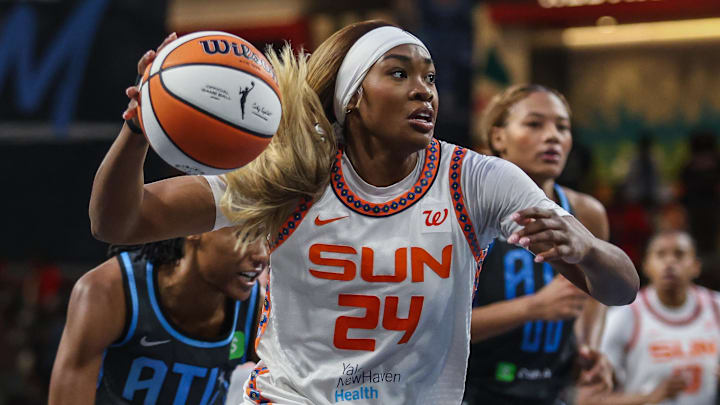 Connecticut Sun forward Aneesah Morrow (24) dribbles the ball towards the basket in the game against the Atlanta Dream during the fourth quarter at Gateway Center Arena at College Park. Connecticut Sun forward Aneesah Morrow (24) dribbles the ball towards the basket in the game against the Atlanta Dream during the fourth quarter at Gateway Center Arena at College Park.