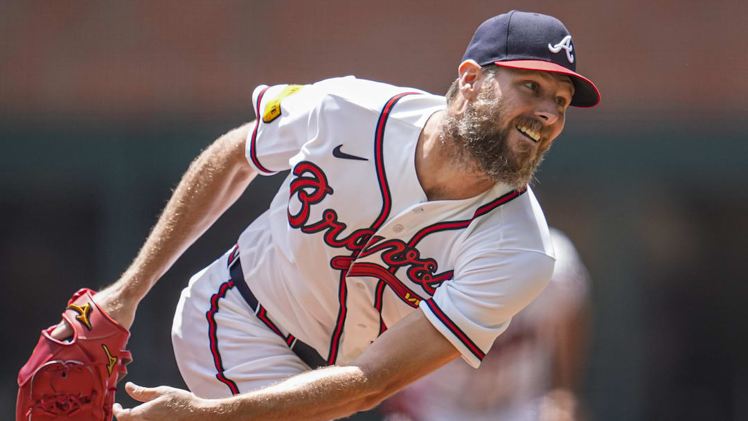 Apr 26, 2026; Cumberland, Georgia, USA; Atlanta Braves pitcher Chris Sale (51) pitches against the Philadelphia Phillies during the first inning at Truist Park. Mandatory Credit: Dale Zanine-Imagn Images