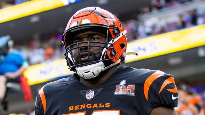 Feb 13, 2022; Inglewood, CA, USA; Cincinnati Bengals guard Hakeem Adeniji (77) against the Los Angeles Rams during Super Bowl LVI at SoFi Stadium. Mandatory Credit: Mark J. Rebilas-USA TODAY Sports