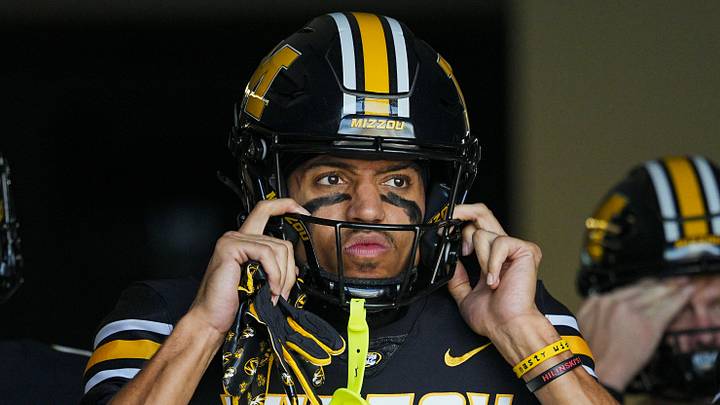 Sep 6, 2025; Columbia, Missouri, USA; Missouri Tigers wide receiver Xavier Loyd (6) gets ready to take the field prior to a game against the Kansas Jayhawks at Faurot Field at Memorial Stadium. Mandatory Credit: Jay Biggerstaff-Imagn Images