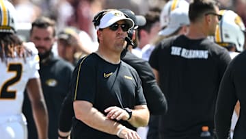 Oct 5, 2024; College Station, Texas, USA; Missouri Tigers head coach Eli Drinkwitz looks on In the third quarter against the Texas A&M Aggies at Kyle Field. Mandatory Credit: Maria Lysaker-Imagn Images. 