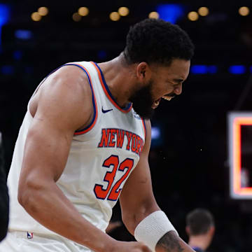 May 7, 2025; Boston, Massachusetts, USA; New York Knicks center Karl-Anthony Towns (32) reacts after defeating the Boston Celtics in game two of the second round for the 2025 NBA Playoffs at TD Garden. Mandatory Credit: David Butler II-Imagn Images