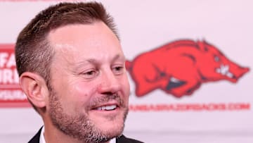 Dec 4, 2025; Fayetteville, AR, USA; Arkansas Razorbacks head coach Ryan Silverfield during his introductory press conference at Frank Broyles Center. Mandatory  Credit: Nelson Chenault-Imagn Images