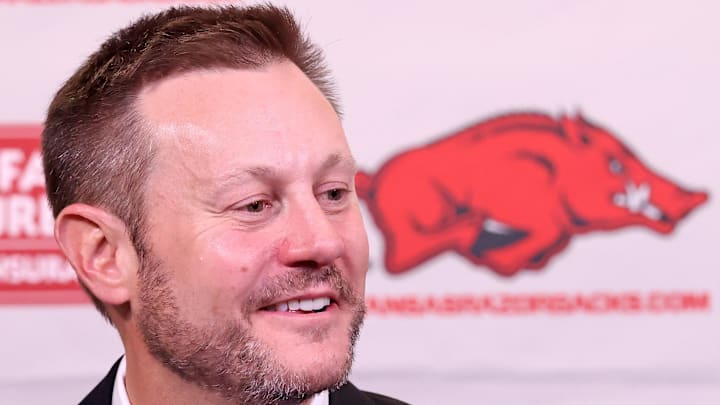 Dec 4, 2025; Fayetteville, AR, USA; Arkansas Razorbacks head coach Ryan Silverfield during his introductory press conference at Frank Broyles Center. Mandatory  Credit: Nelson Chenault-Imagn Images