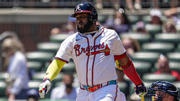 Jul 20, 2025; Cumberland, Georgia, USA; Atlanta Braves designated hitter Marcell Ozuna (20) grounds out against the New York Yankees during the first inning at Truist Park. Mandatory Credit: Dale Zanine-Imagn Images