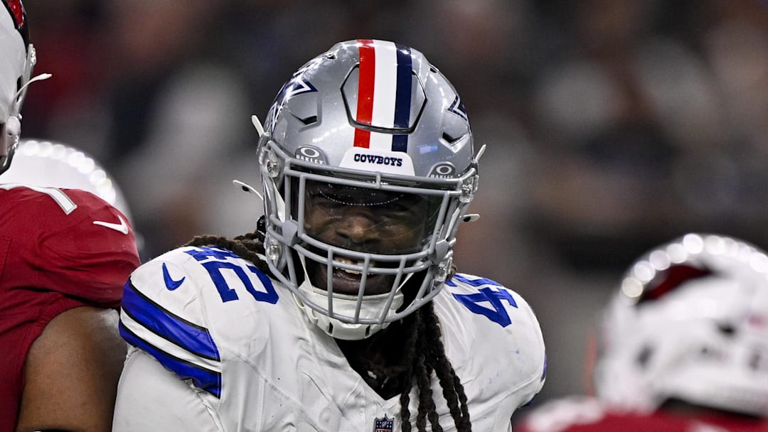 Dallas Cowboys defensive end Jadeveon Clowney (42) celebrates after he sacks Arizona Cardinals quarterback Jacoby Brissett 