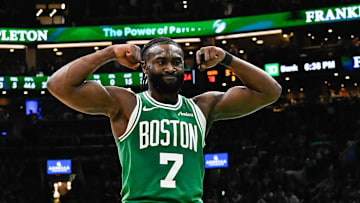 Dec 25, 2024; Boston, Massachusetts, USA; Boston Celtics guard Jaylen Brown (7) reacts to his basket against the Philadelphia 76ers during the second half at TD Garden. Mandatory Credit: Eric Canha-Imagn Images