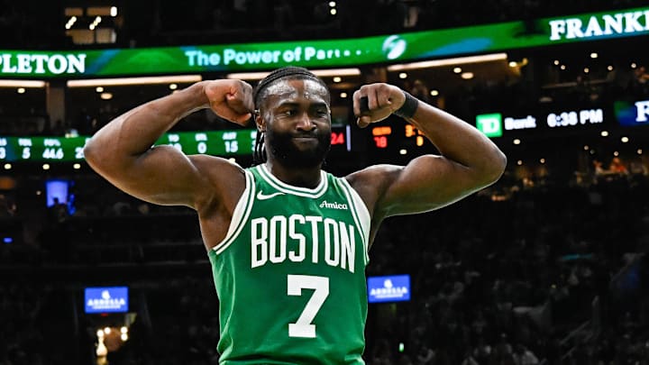 Dec 25, 2024; Boston, Massachusetts, USA; Boston Celtics guard Jaylen Brown (7) reacts to his basket against the Philadelphia 76ers during the second half at TD Garden. Mandatory Credit: Eric Canha-Imagn Images