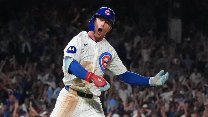 Aug 17, 2026; Chicago, Illinois, USA; Chicago Cubs center fielder Pete Crow-Armstrong (4) hits a walk-off two-run home run against the Chicago White Sox during the tenth inning at Wrigley Field. Mandatory Credit: David Banks-Imagn Images