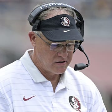 Sep 6, 2025; Tallahassee, Florida, USA; Florida State Seminoles offensive coordinator Gus Malzhan during the second half against the East Texas A&M Lions at Doak S. Campbell Stadium. Mandatory Credit: Melina Myers-Imagn Images