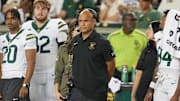 Nov 15, 2025; Waco, Texas, USA; Baylor Bears head coach Dave Aranda looks on from the sidelines during the first half against the Utah Utes at McLane Stadium. Mandatory Credit: Chris Jones-Imagn Images