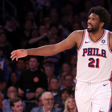 Apr 30, 2024; New York, New York, USA; Philadelphia 76ers center Joel Embiid (21) reacts during overtime in game 5 of the first round of the 2024 NBA playoffs against the New York Knicks at Madison Square Garden. Mandatory Credit: Brad Penner-USA TODAY Sports