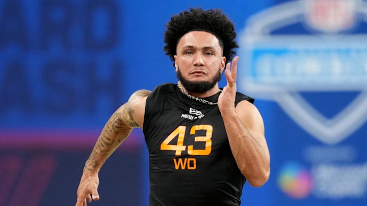 Mar 1, 2025; Indianapolis, IN, USA; Mississippi wideout Jordan Watkins (WO43) during the 2025 NFL Combine at Lucas Oil Stadium. Mandatory Credit: Kirby Lee-Imagn Images